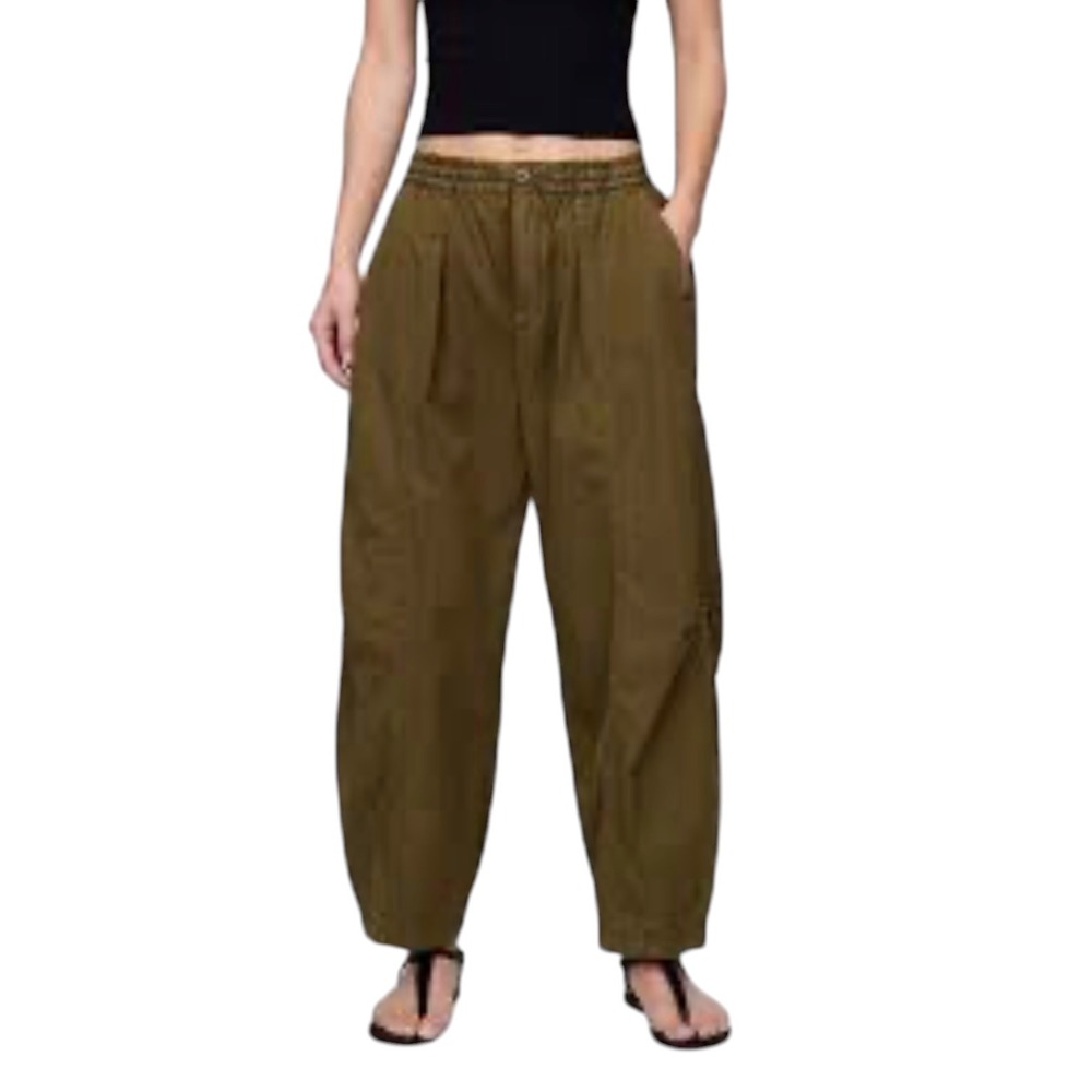 Gap Women Olive Green Garment Dyed Cotton Twill Barrel Wide Leg Pants Size M